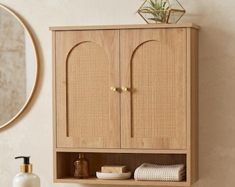 Wooden Wall Mounted Open Back Medicine Cabinet With 2 Rattan Doors | Wood Storage Organizer | Wall Mounted Cabinet | Housewarming Gift