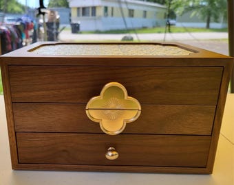 Black Walnut Jewelry Box: 3-Drawer Wooden Storage with Glass Lid