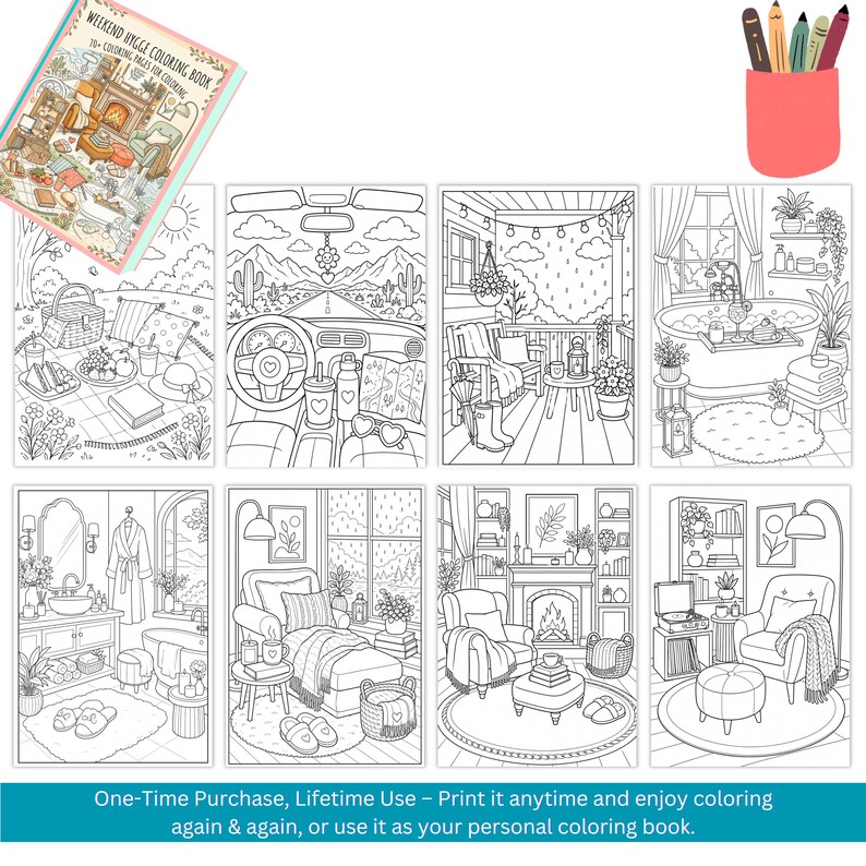 Weekend Hygge Coloring Book for Adults, 70+ Cozy Aesthetic Scenes, Relaxing Self Care Coloring Pages, Cute Everyday Life, Digital Printable aesthetic coloring hygge coloring book cozy girl coloring cozy coloring book cozy home coloring self care coloring adult coloring pages digital coloring home coloring book printable coloring stress relief art cute life coloring relaxing coloring