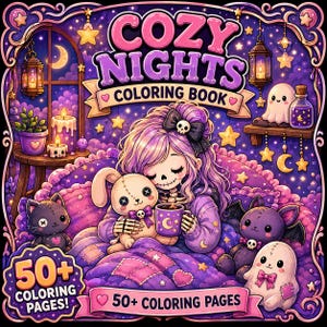 Può includere: Un libro da colorare intitolato Cozy Nights con un'illustrazione viola e rosa di un personaggio dai capelli lunghi che tiene in mano un coniglio di peluche e una tazza. La copertina mostra una scena da camera da letto con gatto, pipistrello, fantasma, candele e lanterne.