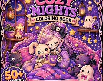Cozy Nights Coloring Book | 50+ Hygge, Relaxing Home & Cozy Evening Coloring Pages | A4 Printable PDF