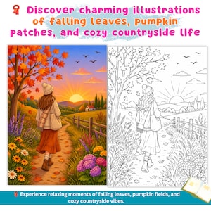May include: A coloring book page featuring a side-by-side comparison of a colored illustration and its black-and-white line art counterpart. The scene depicts a person walking along a path toward a sunset, surrounded by trees, flowers, and a fence.