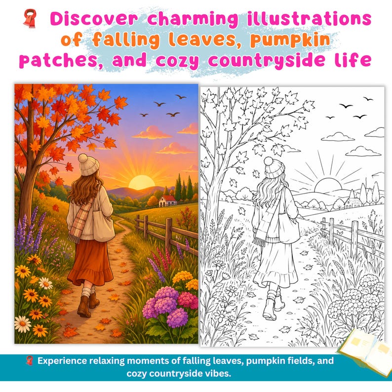 May include: A coloring book page featuring a side-by-side comparison of a colored illustration and its black-and-white line art counterpart. The scene depicts a person walking along a path toward a sunset, surrounded by trees, flowers, and a fence.