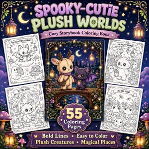 May include: A colouring book titled Spooky-Cutie Plush Worlds featuring 55 pages of illustrations. The cover displays a plush deer and bat on a bridge at night, surrounded by four black and white colouring pages showing cats, ghosts, and frogs.