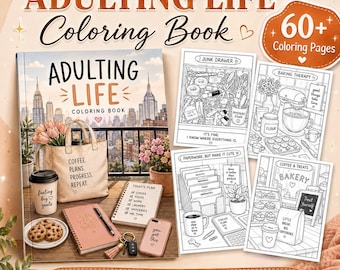 Adulting Coloring Book Printable, Daily Routine Stress Relief Pages, Cozy Lifestyle Coloring Sheets for Adults, Cute Self Care Digital PDF