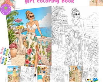 Può includere: Un libro da colorare digitale intitolato 100+ Summer Outfits girl coloring book con illustrazioni di personaggi in abbigliamento estivo. Le pagine mostrano disegni al tratto e versioni colorate di scene con fiori tropicali e vista mare.