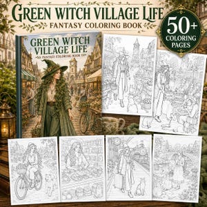 May include: A Green Witch Village Life fantasy coloring book featuring a cover with a witch in a village setting and five black and white interior page illustrations showing scenes of witches, animals, and village life with 50+ coloring pages.