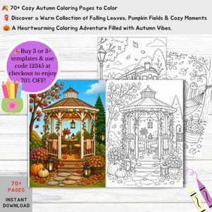 May include: A collection of 70+ autumn-themed coloring pages featuring a gazebo scene with pumpkins, fall foliage, and lanterns. The set includes both full-color illustrations and black-and-white line art templates for coloring activities.