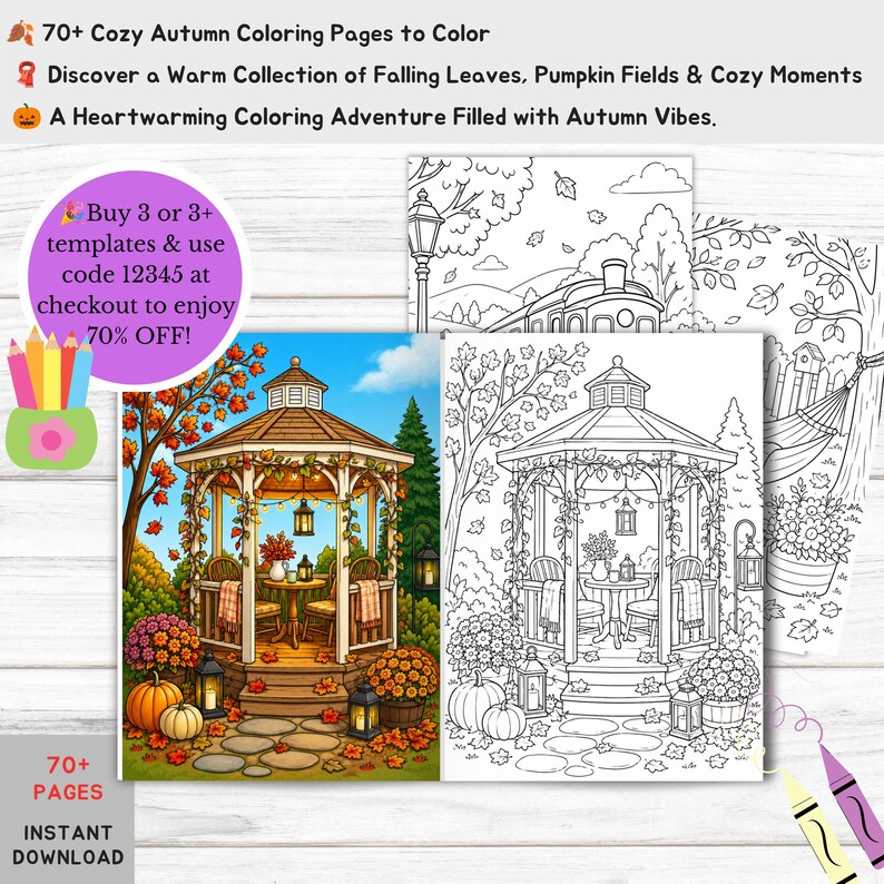 May include: A collection of 70+ autumn-themed coloring pages featuring a gazebo scene with pumpkins, fall foliage, and lanterns. The set includes both full-color illustrations and black-and-white line art templates for coloring activities.