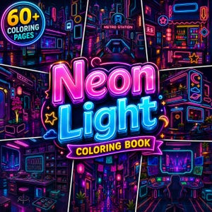 May include: A colouring book titled Neon Light featuring over 60 pages of vibrant neon-themed illustrations. The cover displays a collage of glowing cityscapes, a metro station, a workshop, and a gaming setup in shades of pink, blue, and purple.