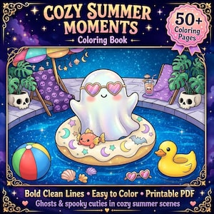 May include: A coloring book titled Cozy Summer Moments featuring a ghost wearing heart-shaped sunglasses on a pool float. The scene includes a beach ball, a rubber duck, skull-shaped planters, and lounge chairs under a starry night sky.