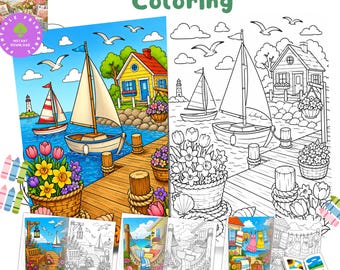 coastal Spring Coloring Book | 70+ Bold and Easy Coloring Pages PDF  I Instant Download I Stress relief Printable I For All Ages I