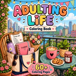 以下が含まれることがあります： Adulting Lifeというタイトルの塗り絵で、ToDoリスト、ピンクの手帳、紫のボトル、スマートフォンが入ったトートバッグが置かれた都市のバルコニーが描かれています。テーブルの上にはハート付きのピンクのマグカップ、クッキー、瓶があります。