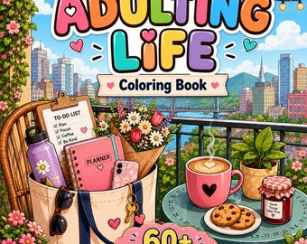 Puede incluir: Un libro para colorear titulado Adulting Life que muestra un balcón urbano con un bolso que contiene una lista de tareas, una agenda rosa, una botella de agua morada y un smartphone. Una taza rosa, galletas y un frasco están sobre una mesa.