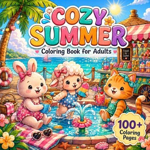 Op de afbeelding: Een kleurboekcover getiteld COZY SUMMER Coloring Book for Adults met een konijn, een lammetje en een kat in een zwembad. De scène bevat een strand, een palmboom, een snackkraam en een fontein. Een geel label geeft 100+ kleurplaten aan.