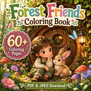 Könnte beinhalten: Ein digitales Malbuch-Cover Forest Friends mit einem Kind mit Blumenkranz und einem Kaninchen vor einer runden Holztür. Der Text lautet Forest Friends Coloring Book und 60+ Coloring Pages. Enthält PDF & JPEG Download.