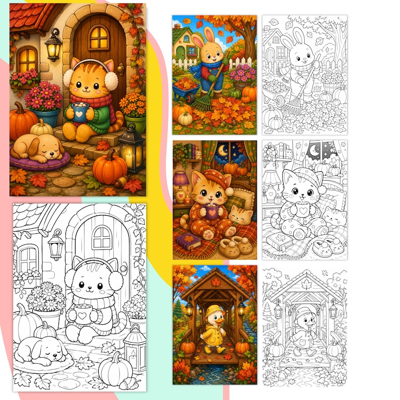thanksgiving coloring, cozy sweater coloring, scarf coloring pages, warm drinks coloring, hot cocoa coloring, coffee coloring pages, tea coloring pages, woodland picnic, forest adventure, autumn forest, fall forest, cozy cabin coloring, woodland home, enchanted forest, magical woodland, whimsical coloring book, cute illustrations, black and white line art, printable art, premium printable, high resolution PDF, professional printing, home printing, coloring sheets, printable coloring sheets,