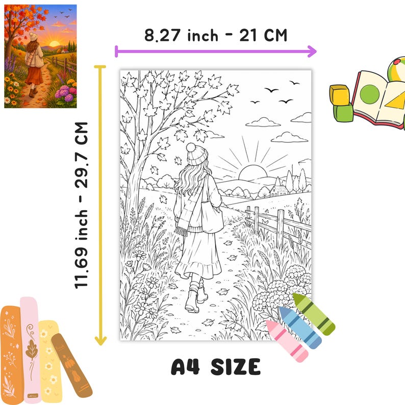 May include: A black and white coloring page featuring a person walking along a path toward a sunrise, surrounded by trees, flowers, and a fence. The page measures 8.27 inches by 11.69 inches, labeled as A4 size, with a small colored reference image.