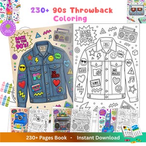 May include: A digital coloring book titled 230+ 90s Throwback Coloring featuring pages with a denim jacket covered in patches, a boombox, a cassette tape, and a retro phone, alongside line art versions of these 1990s themed illustrations.