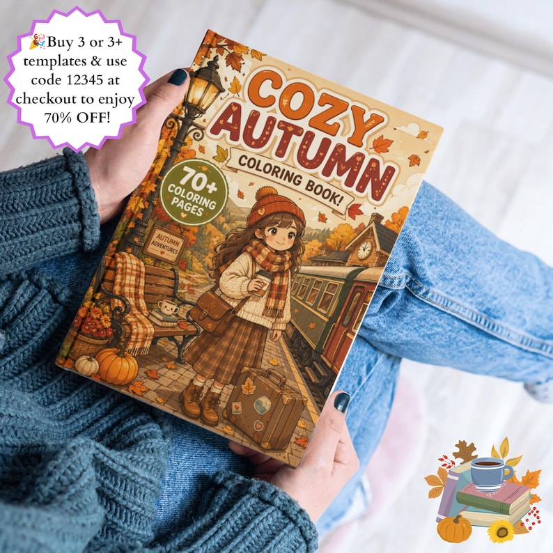 May include: A coloring book titled Cozy Autumn Coloring Book with 70+ coloring pages. The cover features an illustration of a person in a knit hat and scarf standing on a train platform with a suitcase, a bench, a pumpkin, and a street lamp.