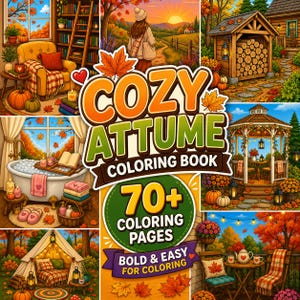 Op de afbeelding: Een kleurboekcover met de titel COZY ATTUME met een collage van herfstscènes, waaronder een gezellige kamer met een badkuip, een persoon in een landschap, een houten schuur, een tuinhuisje, een tent en een terras met stoelen en herfstbladeren.