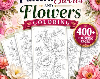 以下が含まれることがあります： 「Pattern Swirls and Flowers Coloring」というタイトルの塗り絵の表紙。400+ Coloring Pagesと書かれた金色のバッジが付いています。黒と白の線画による花の配置が、カラフルなピンクと白の花のイラストで囲まれています。