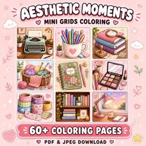 May include: A digital colouring book titled AESTHETIC MOMENTS MINI GRIDS COLOURING with 60+ COLOURING PAGES PDF & JPEG DOWNLOAD. The image features a grid of nine illustrations including a typewriter, pens in a mug, books, yarn, a notebook, makeup, washi tape, a bookshelf, and a desk lamp.
