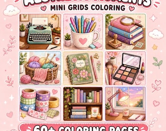 May include: A digital coloring book titled AESTHETIC MOMENTS MINI GRIDS COLORING with 60+ COLORING PAGES PDF & JPEG DOWNLOAD. The image features a grid of nine illustrations including a typewriter, pens in a mug, books, yarn, a notebook, makeup, washi tape, a bookshelf, and a desk lamp.