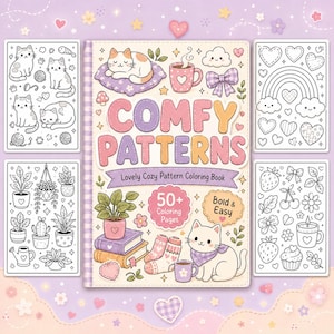 May include: A coloring book titled Comfy Patterns with a pastel cover featuring a cat, books, and a mug. The book is surrounded by four separate pages showing black and white line art of cats, plants, hearts, a rainbow, and various food items.