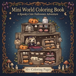 May include: A coloring book titled Mini World Coloring Book: A Spooky-Cute Halloween Adventure with 50+ Coloring Pages. The cover features stacked wooden crates filled with illustrated pumpkins, skulls, pastries, and a skeleton character.