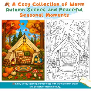 May include: A coloring book page featuring a cozy autumn campsite scene with a tent, string lights, lanterns, pumpkins, mushrooms, and a plaid blanket. The text reads A Cozy Collection of Warm Autumn Scenes and Peaceful Seasonal Moments.