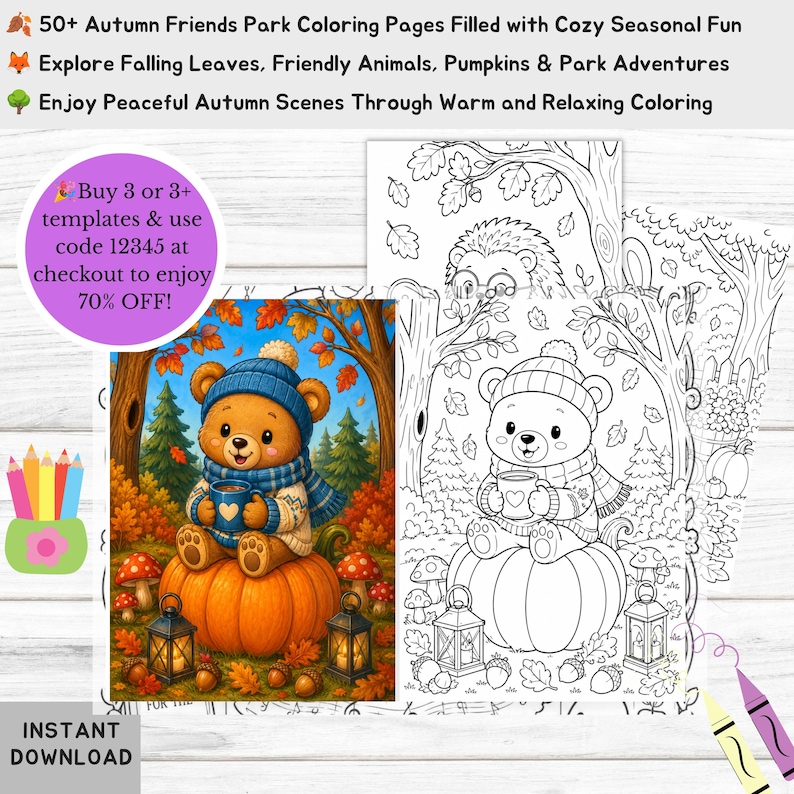 anti stress coloring, creative relaxation, anxiety relief coloring, nature lovers gift, woodland lovers gift, autumn lovers gift, cozy gift, birthday gift, holiday gift, printable gift, artistic hobby, relaxing hobby, cozy home activity, family activity, kids at heart, whimsical forest, magical forest, woodland magic, enchanted animals, forest friends coloring, cute forest animals, wildlife coloring book, botanical coloring pages, leaves coloring pages, tree coloring pages, fall flowers coloring