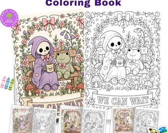 May include: A 50+ Spooky Cutie Self Care Colouring Book featuring line art and coloured illustrations of a skeleton in a purple cloak and a stuffed frog sitting on a bench. The text WE CAN WAIT is displayed on a banner below the characters.