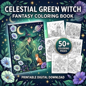 Puede incluir: Un libro de colorear de fantasía Celestial Green Witch con una portada que muestra a una bruja de pelo verde, un zorro y flores bajo un cielo estrellado. El libro incluye 50+ páginas para colorear con castillos, dragones y planetas. Es una descarga digital imprimible.