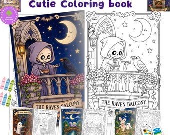 May include: A digital colouring book titled 50+ Dusk Hollow Spooky Cutie Colouring book featuring illustrations of a hooded skeleton on a balcony labelled The Raven Balcony, a ghost in a library, a snail on a bridge, and a rabbit with a ghost.