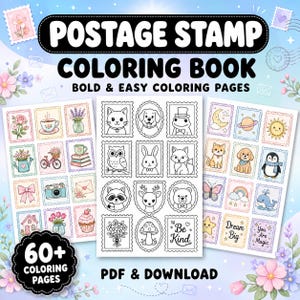 May include: A digital colouring book featuring postage stamp designs. The cover displays three pages of stamp illustrations, including flowers, animals, and celestial motifs. Text reads "POSTAGE STAMP COLOURING BOOK," "BOLD & EASY COLOURING PAGES," and "60+ COLOURING PAGES PDF & DOWNLOAD."