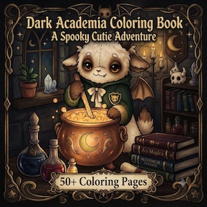 May include: A Dark Academia Coloring Book titled A Spooky Cutie Adventure with 50+ Coloring Pages. The cover features a fluffy creature stirring a golden cauldron decorated with a crescent moon, surrounded by potion bottles, books, and candles.