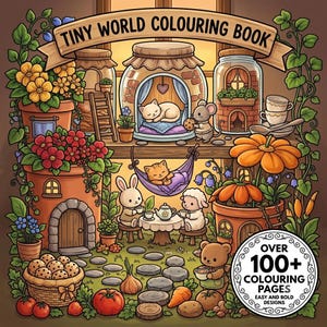May include: A colouring book cover titled TINY WORLD COLOURING BOOK featuring a whimsical garden scene with potted plants, a sleeping cat in a jar, a mouse, a rabbit, a sheep, and a bear. A circular badge indicates OVER 100+ COLOURING PAGES.