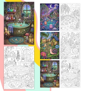 May include: A collection of colouring pages featuring fantasy scenes including a bathroom with potions, a moonlit river with floating lanterns, and a garden path with a snail. Each scene is presented in both a full-colour version and a black and white line art version.
