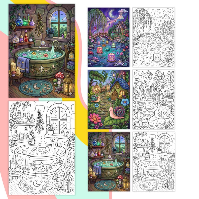 May include: A collection of colouring pages featuring fantasy scenes including a bathroom with potions, a moonlit river with floating lanterns, and a garden path with a snail. Each scene is presented in both a full-colour version and a black and white line art version.