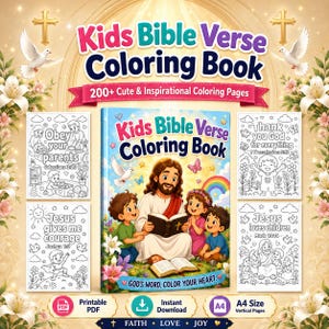 Op de afbeelding: Een kleurboek met bijbelverzen voor kinderen met meer dan 200 pagina's. De kaft toont een centrale illustratie van een figuur die voorleest aan kinderen met een regenboog en duif. Vier kleinere voorbeelden van kleurplaten zijn afgebeeld.