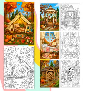 May include: A collection of coloring pages featuring autumn-themed scenes including a tent in a forest, a gazebo, a bathtub by a window, and a wood shed, each shown in both full-color illustrations and black and white line art for coloring.