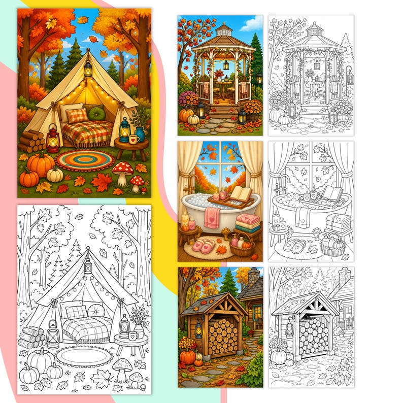 May include: A collection of coloring pages featuring autumn-themed scenes including a tent in a forest, a gazebo, a bathtub by a window, and a wood shed, each shown in both full-color illustrations and black and white line art for coloring.
