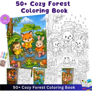 May include: A 50+ Cozy Forest Coloring Book featuring illustrations of a fox, rabbit, and hedgehog in rain gear playing in puddles. The cover displays a colorful scene alongside a black and white line art version, with additional smaller coloring pages.