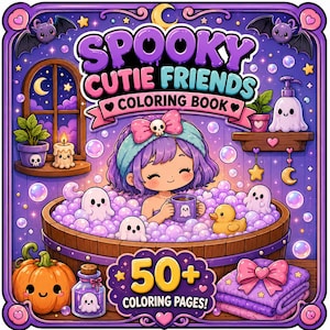 May include: A square colouring book cover titled Spooky Cutie Friends featuring a purple-haired character in a wooden bathtub filled with purple bubbles, small ghosts, and a yellow rubber duck. Includes a pumpkin, a potion bottle, and text 50+ colouring pages.