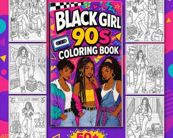 90s Black Girl Coloring Pages | 50+ A4 Printable Retro Beauty & Fashion Coloring Book | Black Women Digital Coloring Book