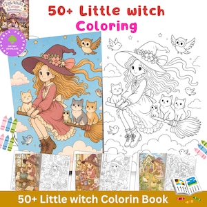 May include: A colouring book titled Little Witch's Cottage Adventures featuring over 50 pages of illustrations. The cover displays a girl in a witch hat riding a broomstick with cats, an owl, and birds, shown in both coloured and line art versions.