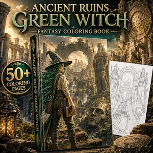 May include: A fantasy coloring book titled Ancient Ruins Green Witch with 50+ coloring pages. The cover features a green-haired figure in a witch hat standing before stone ruins, a large statue, and a circular archway. A black and white line art page is visible.