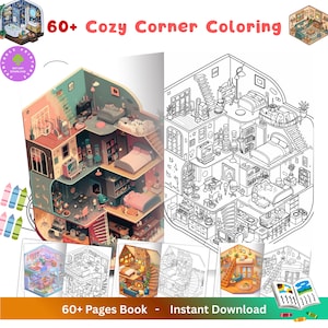Puede incluir: Se muestra un libro para colorear con el título "60+ Cozy Corner Coloring". El libro presenta ilustraciones detalladas de habitaciones acogedoras, con una versión en color a la izquierda y una versión en blanco y negro a la derecha. También se ve el texto "Instant Download".