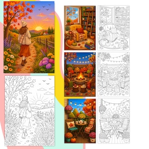 May include: A collection of autumn-themed coloring pages featuring scenes of a person walking on a path, a cozy reading nook, a backyard fire pit, and a patio setting, each presented in both full-color illustrations and black and white line art.